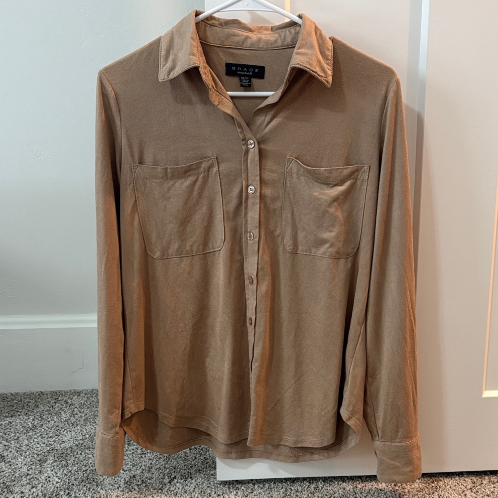 PAIGE Women’s Casual Tan Button Down Shirt